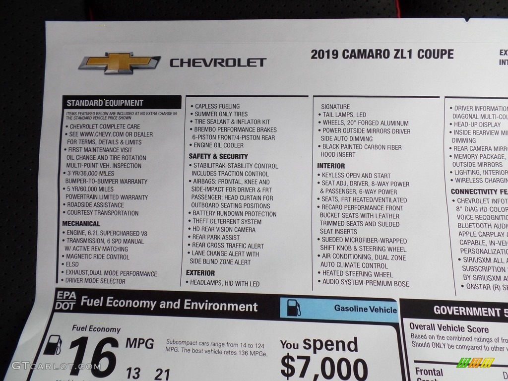 2019 Chevrolet Camaro ZL1 Coupe Window Sticker Photo #133396771