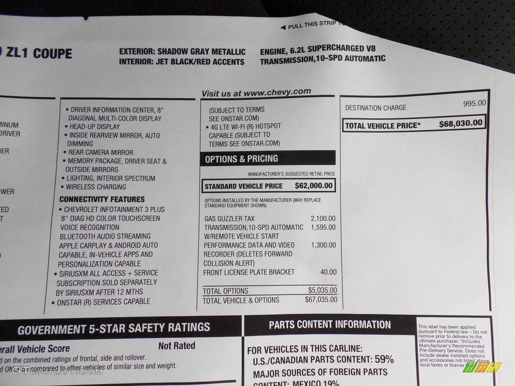 2019 Chevrolet Camaro ZL1 Coupe Window Sticker Photo #133396782