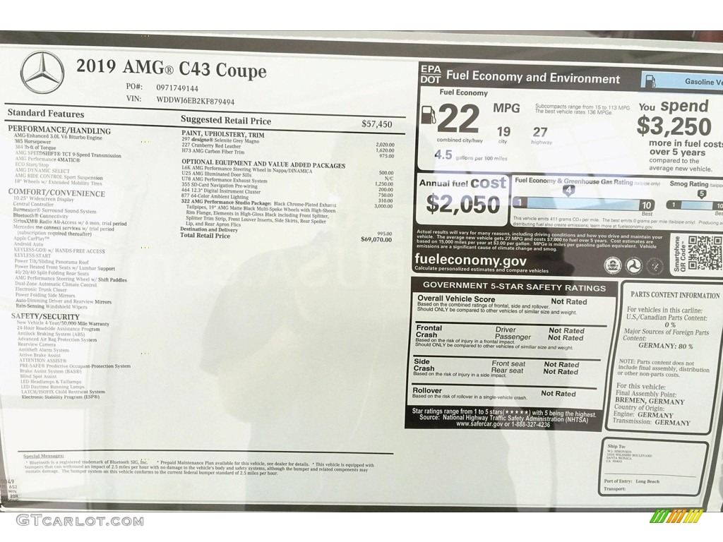 2019 Mercedes-Benz C 43 AMG 4Matic Coupe Window Sticker Photos