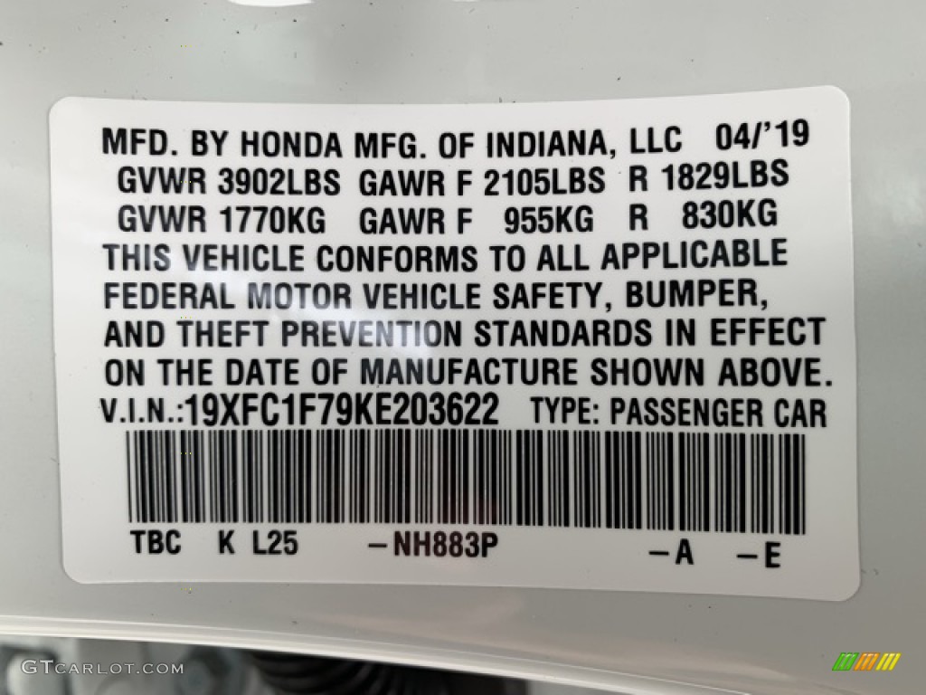 2019 Civic Color Code NH883P for Platinum White Pearl Photo #133456206