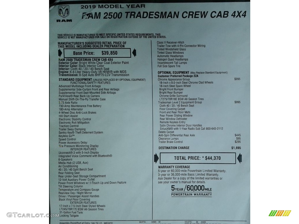2019 Ram 2500 Tradesman Crew Cab 4x4 Window Sticker Photo #133459152