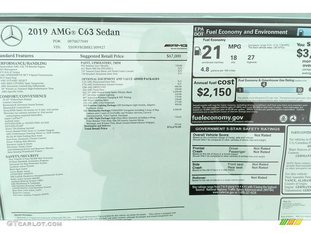 2019 Mercedes-Benz C AMG 63 S Sedan Window Sticker Photo #133463281