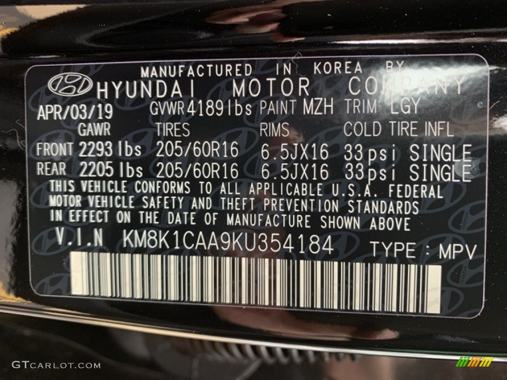 2019 Hyundai Kona SE AWD Color Code Photos