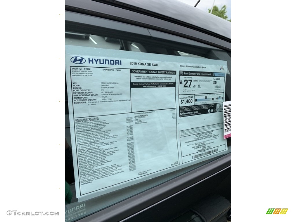 2019 Hyundai Kona SE AWD Window Sticker Photo #133466572