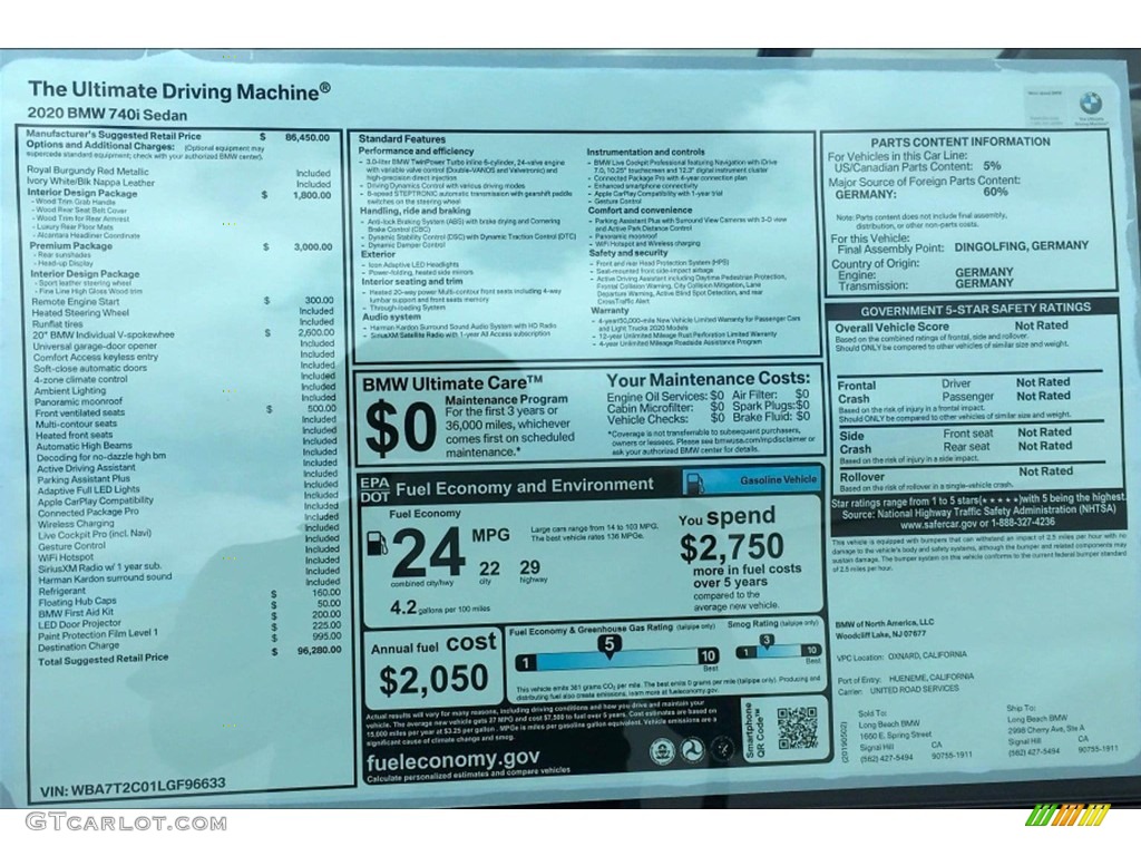 2020 BMW 7 Series 740i Sedan Window Sticker Photo #133480105