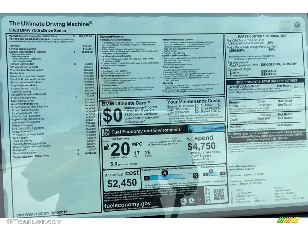 2020 BMW 7 Series 750i xDrive Sedan Window Sticker Photos