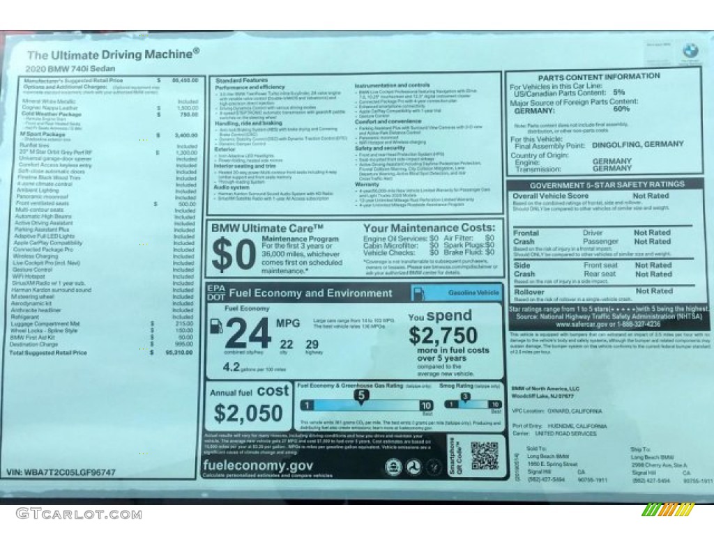 2020 BMW 7 Series 740i Sedan Window Sticker Photo #133537666