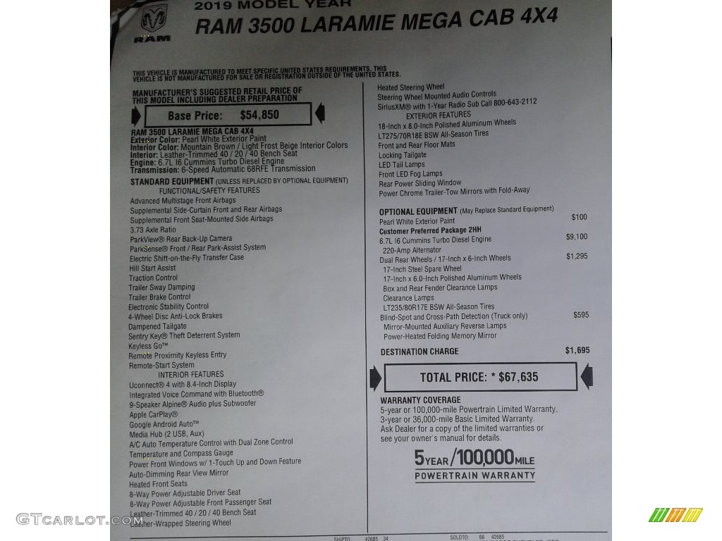 2019 Ram 3500 Laramie Mega Cab 4x4 Window Sticker Photo #133570132