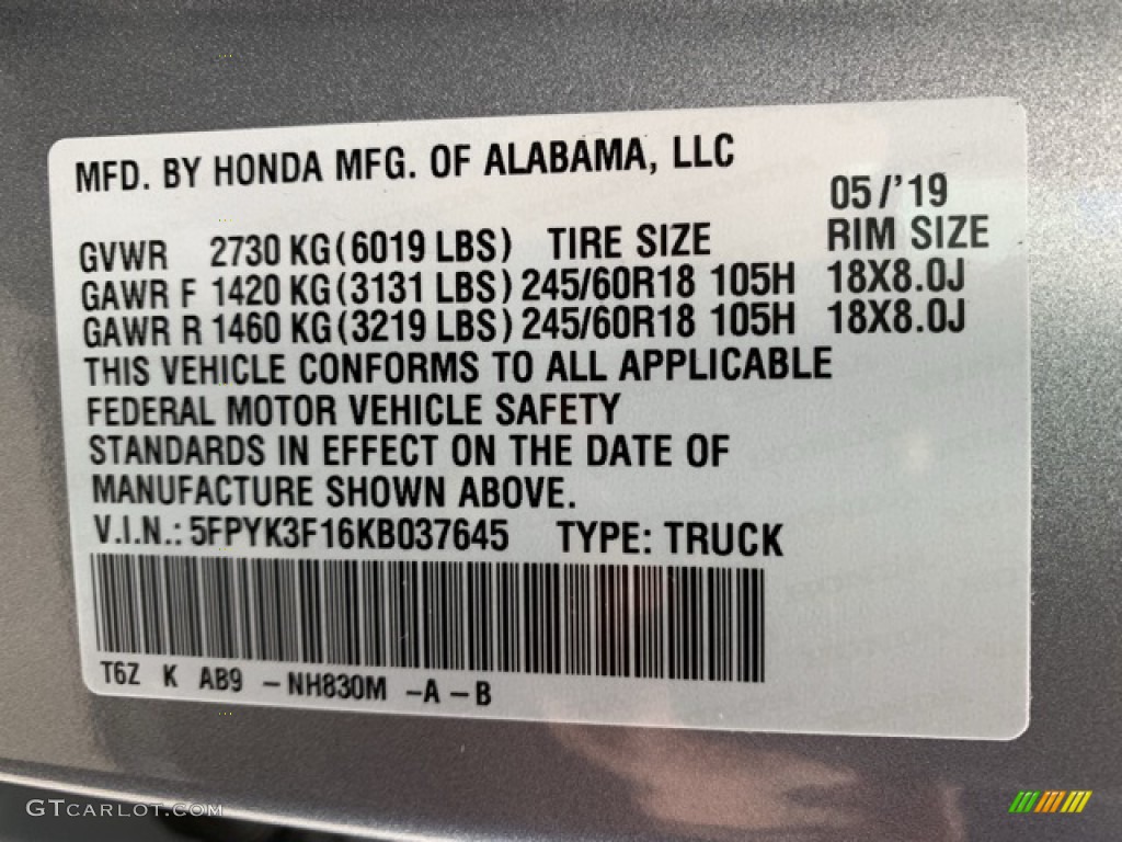2019 Ridgeline Color Code NH830M for Lunar Silver Metallic Photo #133582652