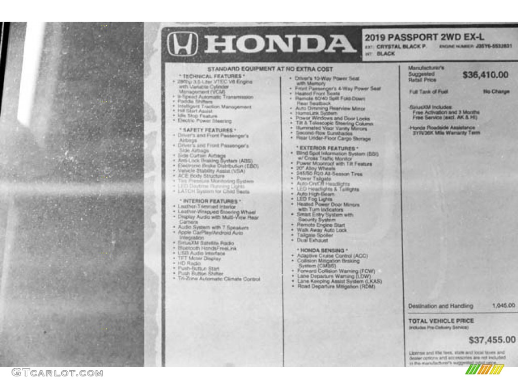 2019 Honda Passport EX-L Window Sticker Photos