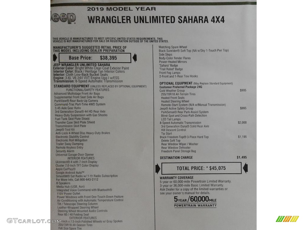 2019 Wrangler Unlimited Sahara 4x4 - Bright White / Black/Heritage Tan photo #32