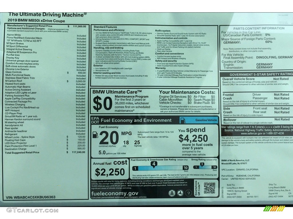 2019 BMW 8 Series 850i xDrive Coupe Window Sticker Photo #133649520