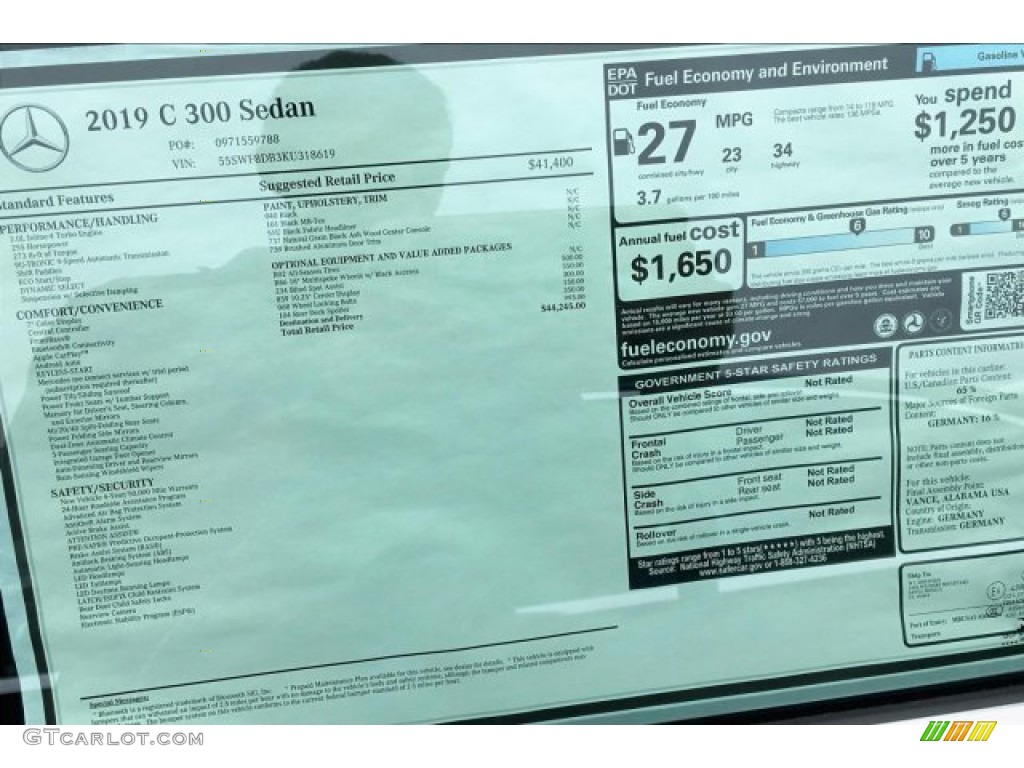 2019 Mercedes-Benz C 300 Sedan Window Sticker Photo #133654005