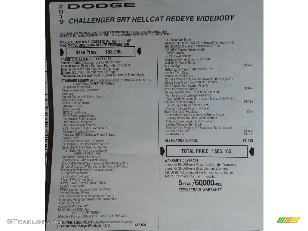 2019 Dodge Challenger SRT Hellcat Redeye Widebody Window Sticker Photo #133671223