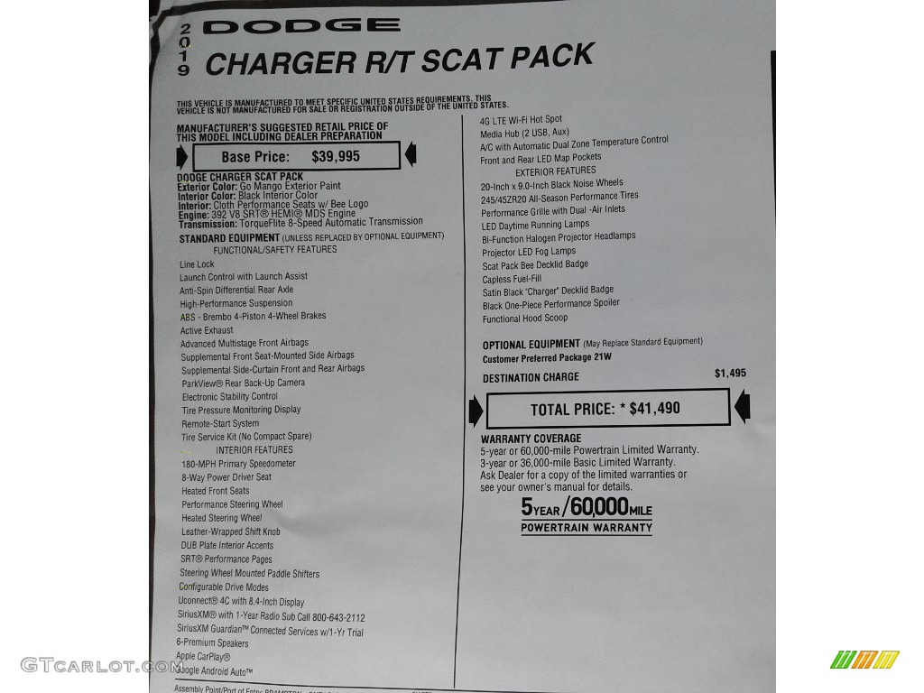 2019 Dodge Charger R/T Scat Pack Window Sticker Photos