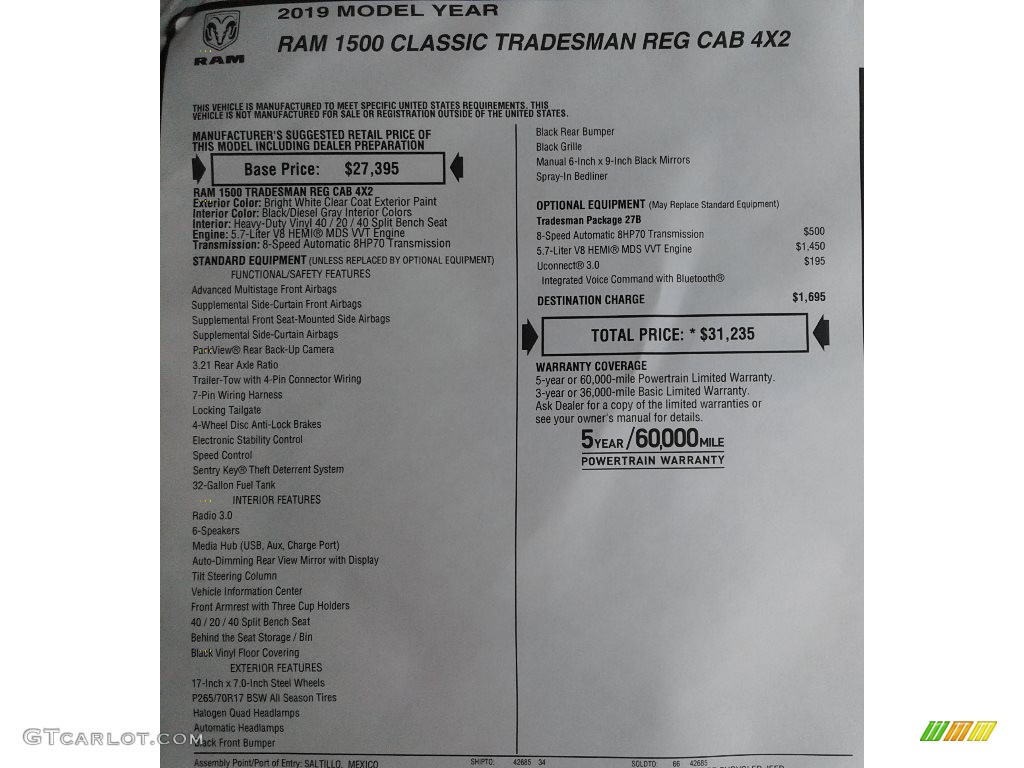 2019 1500 Classic Tradesman Regular Cab - Bright White / Black/Diesel Gray photo #28