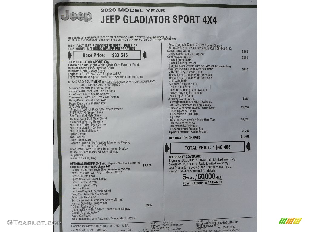2020 Jeep Gladiator Sport 4x4 Window Sticker Photo #133778802