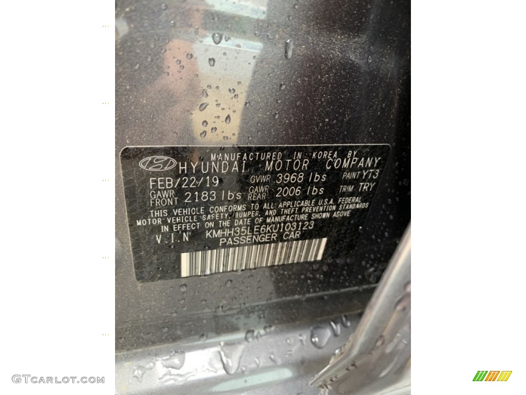 2019 Elantra GT Color Code YT3 for Summit Gray Photo #133781208
