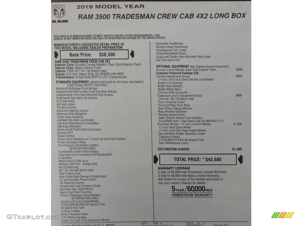 2019 Ram 3500 Tradesman Crew Cab 4x4 Window Sticker Photo #133801160