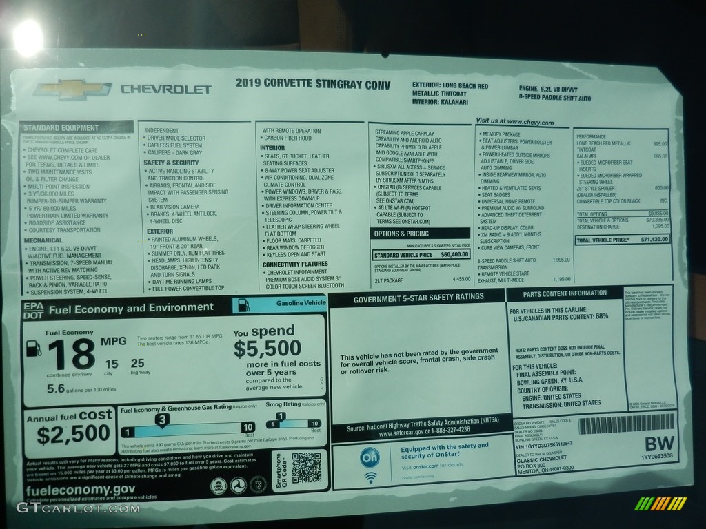 2019 Chevrolet Corvette Stingray Convertible Window Sticker Photos