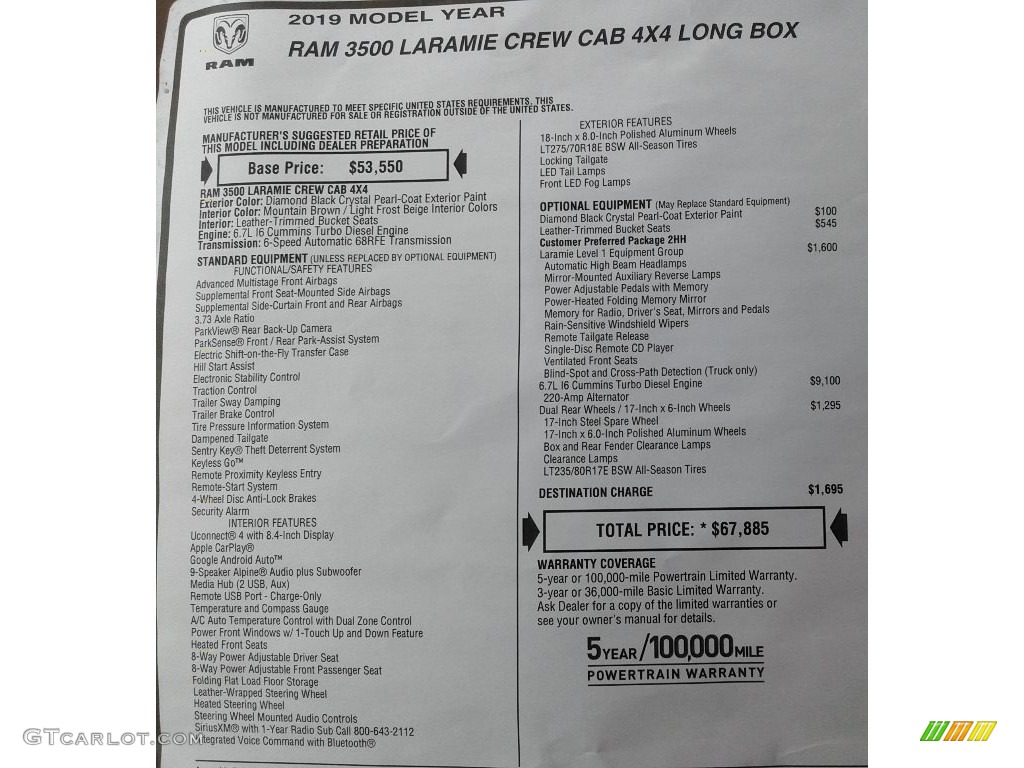 2019 Ram 3500 Laramie Crew Cab 4x4 Window Sticker Photo #133826633
