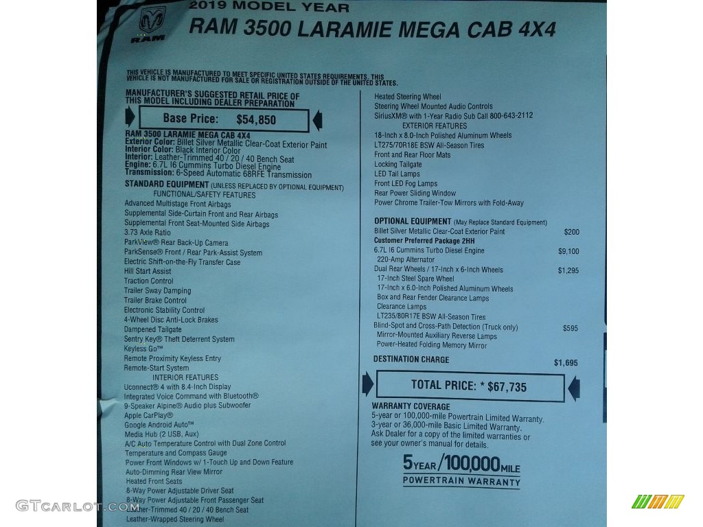 2019 Ram 3500 Laramie Mega Cab 4x4 Window Sticker Photo #133857658