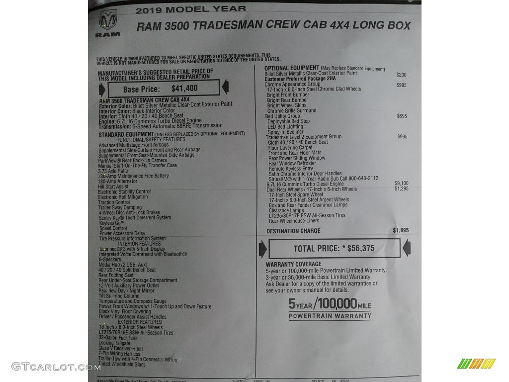 2019 Ram 3500 Tradesman Crew Cab 4x4 Window Sticker Photo #134008503