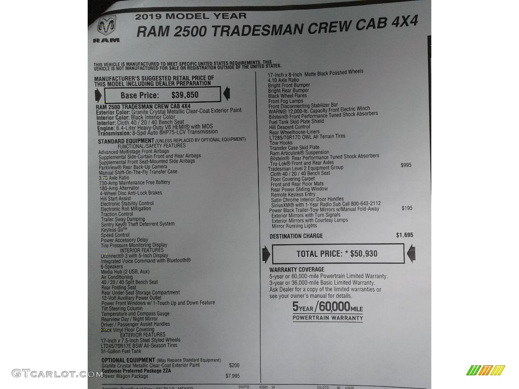 2019 Ram 2500 Tradesman Crew Cab 4x4 Power Wagon Package Window Sticker Photo #134009157