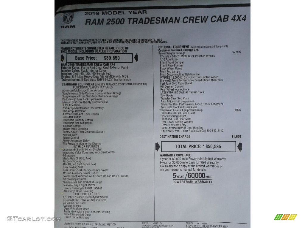 2019 Ram 2500 Tradesman Crew Cab 4x4 Power Wagon Package Window Sticker Photo #134022189