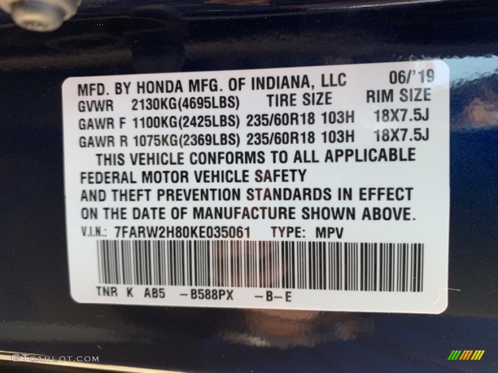 2019 CR-V EX-L AWD - Obsidian Blue Pearl / Gray photo #9