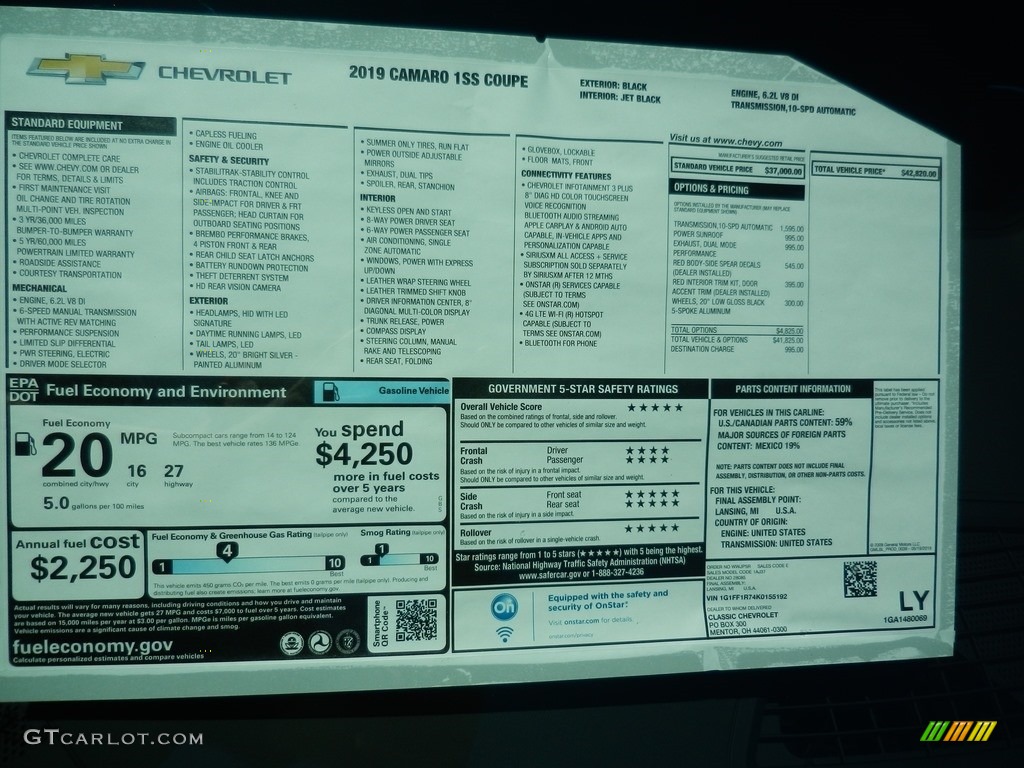 2019 Chevrolet Camaro SS Coupe Window Sticker Photos