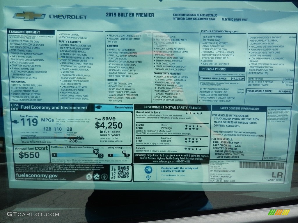 2019 Chevrolet Bolt EV Premier Window Sticker Photo #134068781