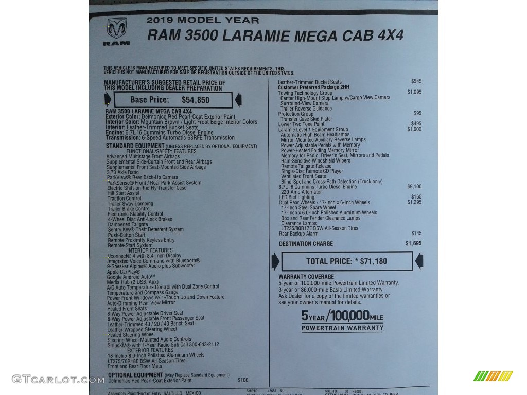 2019 Ram 3500 Laramie Mega Cab 4x4 Window Sticker Photo #134117717