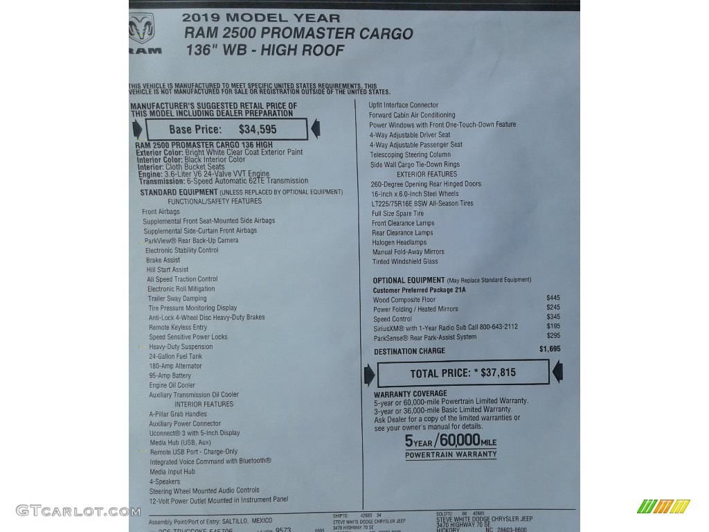 2019 ProMaster 2500 High Roof Cargo Van - Bright White / Black photo #27