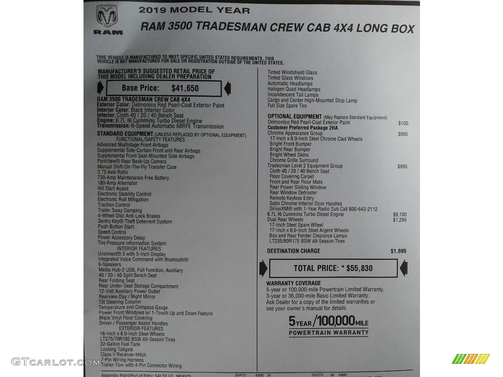 2019 Ram 3500 Tradesman Crew Cab 4x4 Window Sticker Photo #134254471