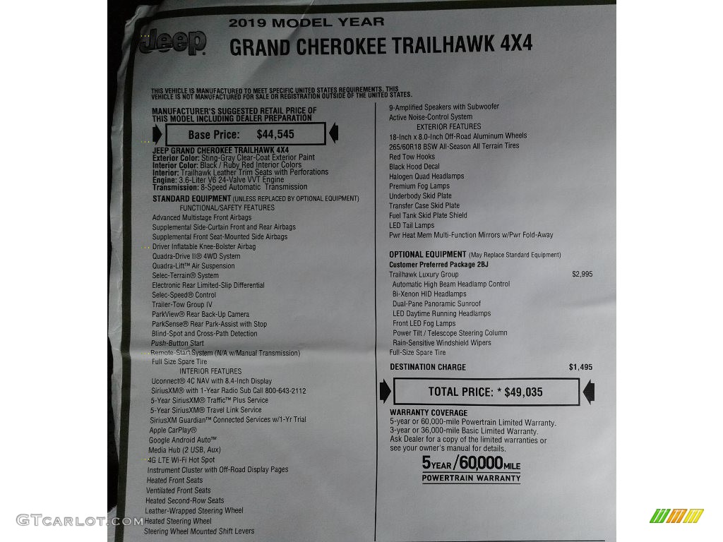 2019 Jeep Grand Cherokee Trailhawk 4x4 Window Sticker Photo #134256595