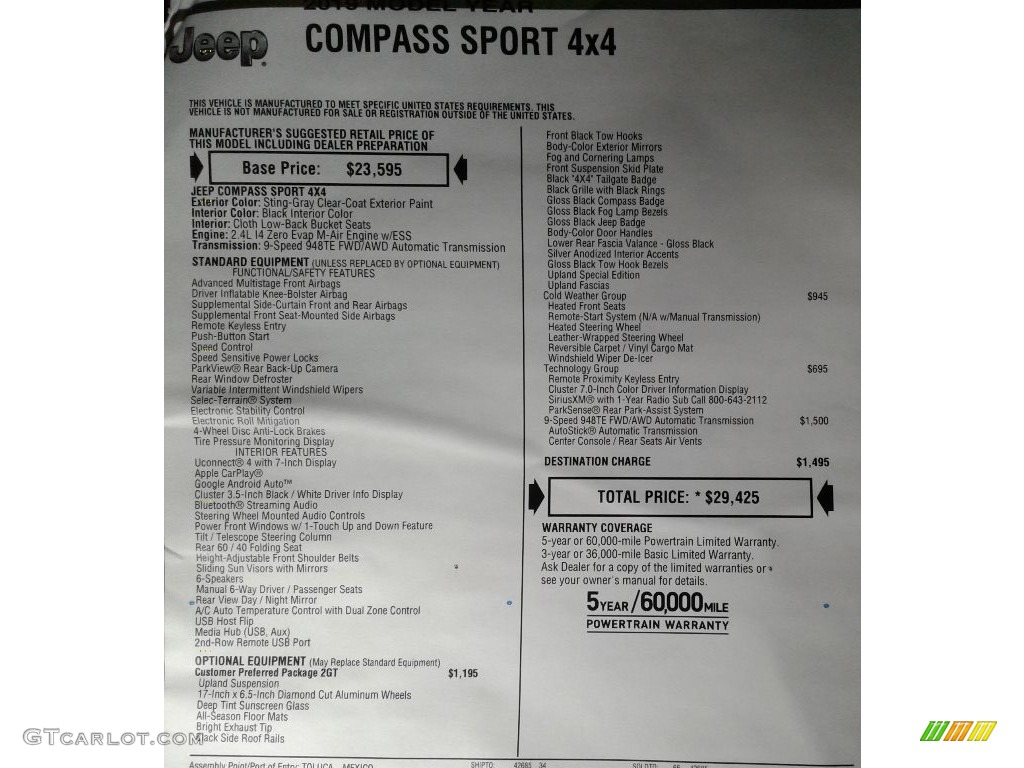 2019 Compass Sport 4x4 - Sting-Gray / Black photo #34