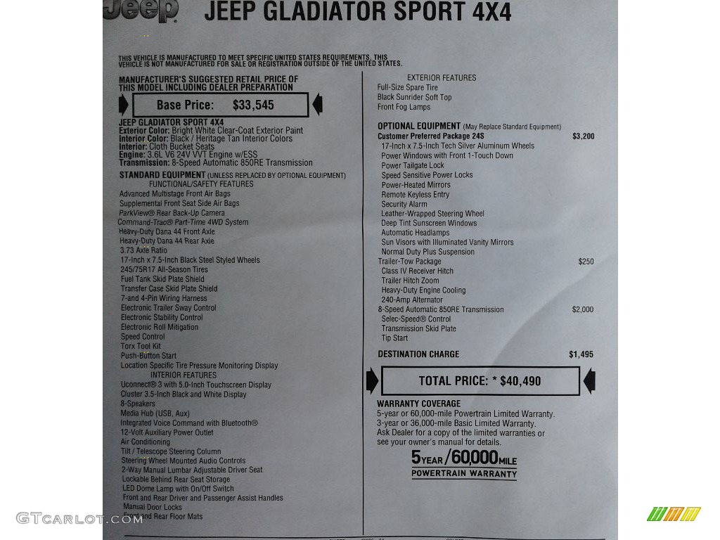 2020 Jeep Gladiator Sport 4x4 Window Sticker Photo #134350107