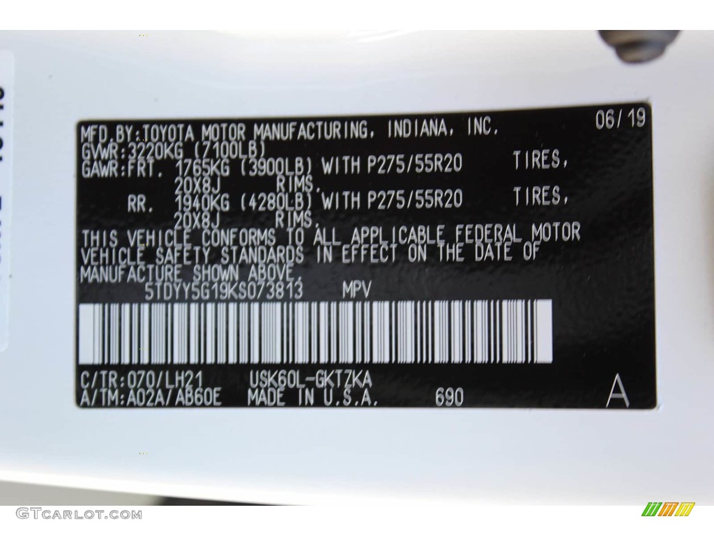 2019 Sequoia Color Code 070 for Blizzard White Pearl Photo #134385526