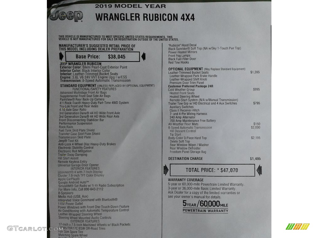 2019 Jeep Wrangler Rubicon 4x4 Window Sticker Photo #134402017