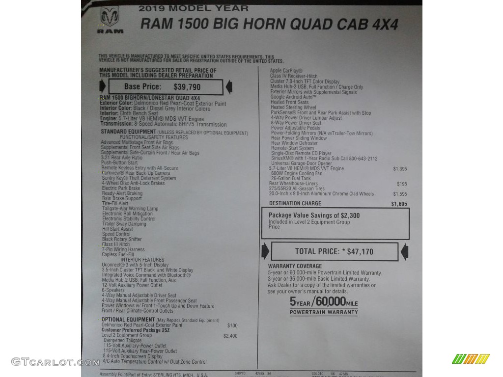 2019 1500 Big Horn Quad Cab 4x4 - Delmonico Red Pearl / Black/Diesel Gray photo #33