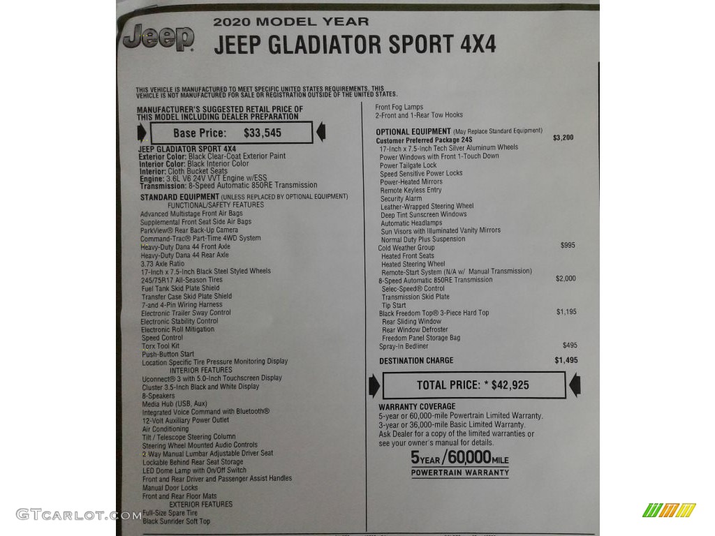 2020 Gladiator Sport 4x4 - Black / Black photo #27