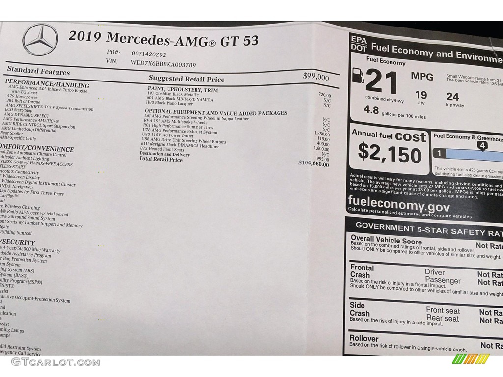 2019 Mercedes-Benz AMG GT 53 Window Sticker Photo #134447041