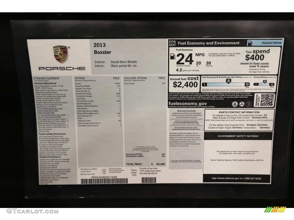 2013 Porsche Boxster Standard Boxster Model Window Sticker Photo #134514720