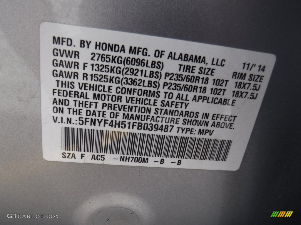 2015 Pilot EX-L 4WD - Alabaster Silver Metallic / Gray photo #31