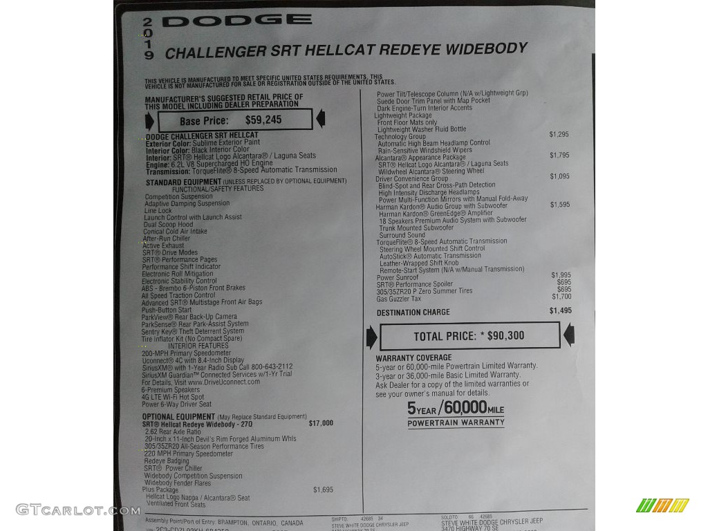 2019 Dodge Challenger SRT Hellcat Redeye Widebody Window Sticker Photo #134564115