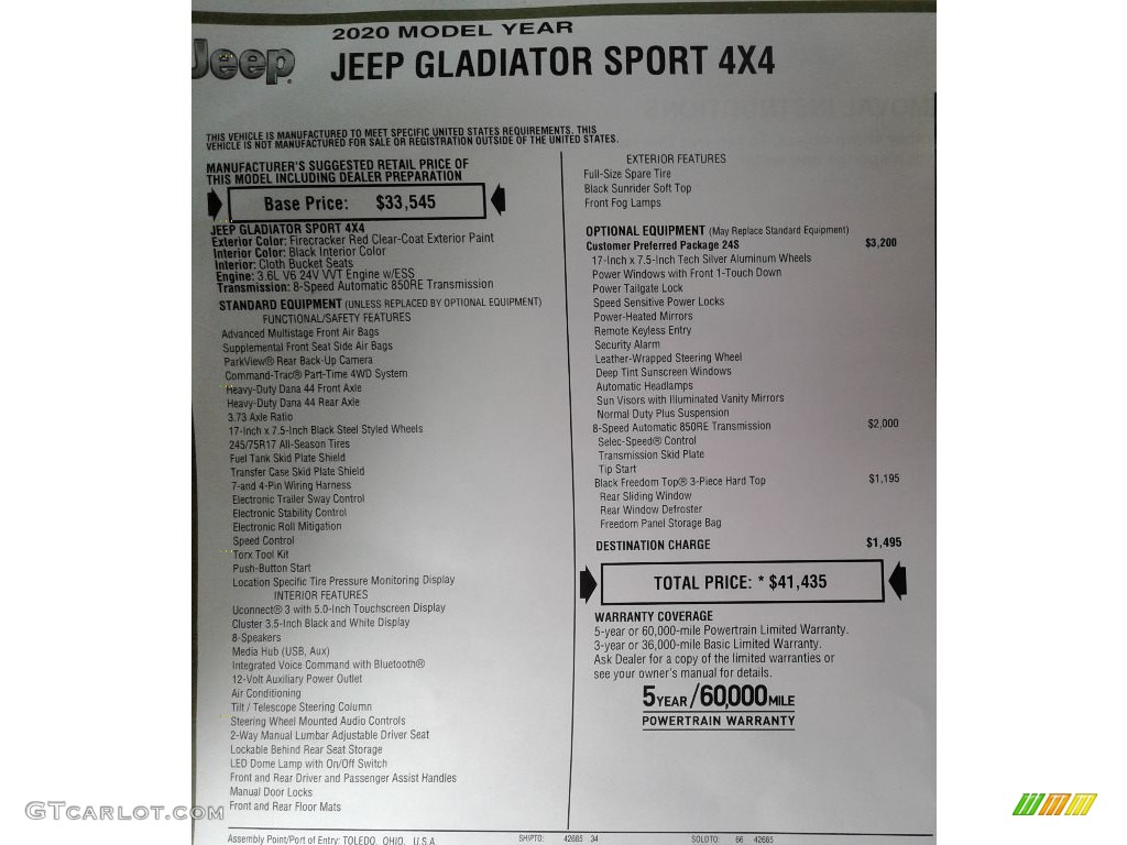 2020 Jeep Gladiator Sport 4x4 Window Sticker Photo #134590669