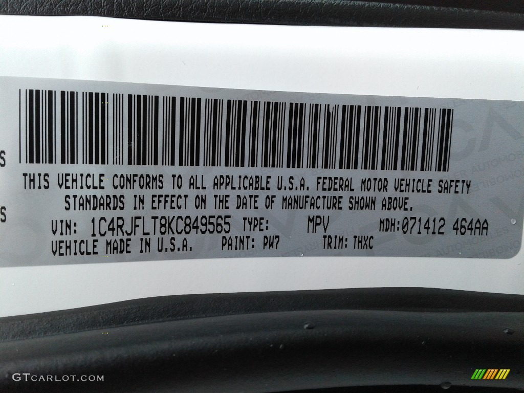 2019 Grand Cherokee Color Code PW7 for Bright White Photo #134601301