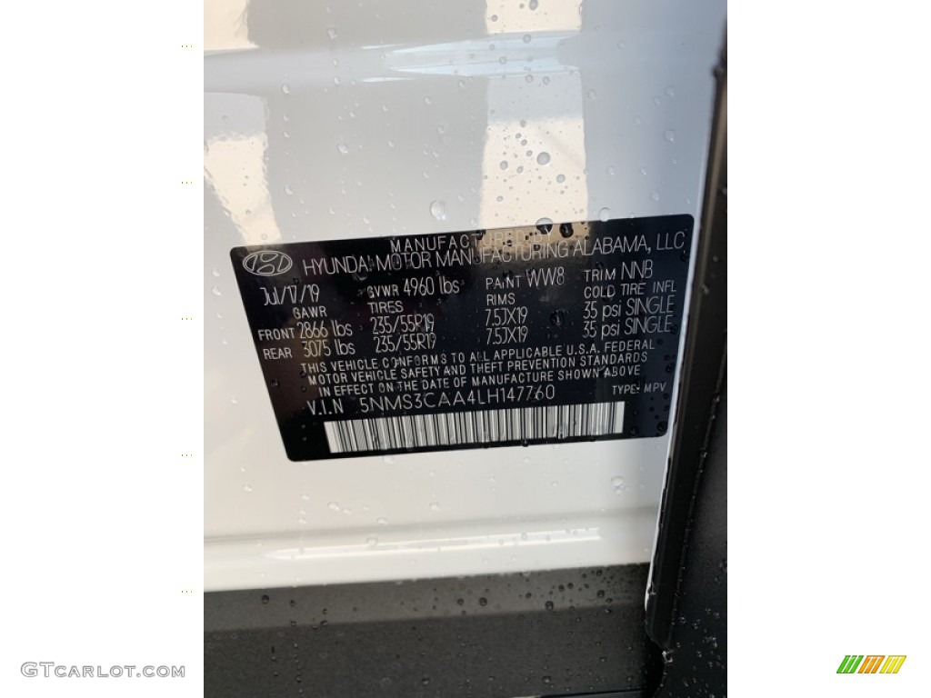 2020 Santa Fe Color Code WW8 for Quartz White Photo #134613720