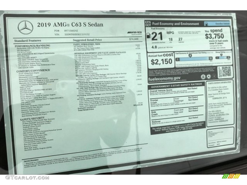 2019 Mercedes-Benz C AMG 63 S Sedan Window Sticker Photos